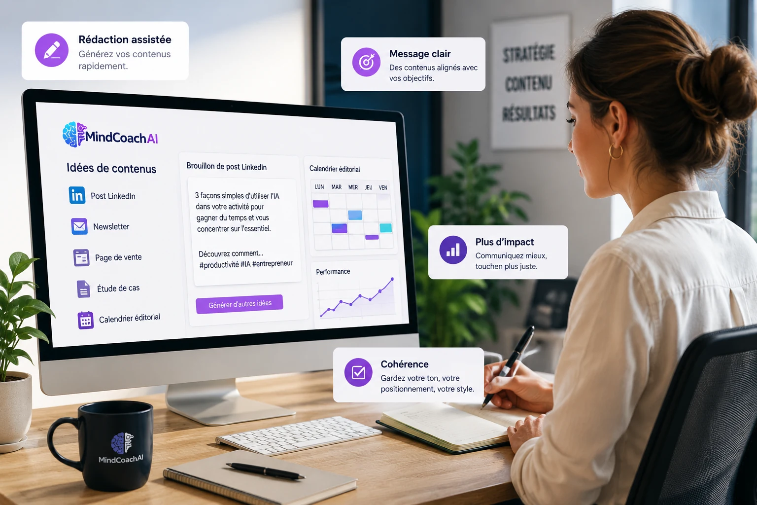 Illustration d'un assistant IA marketing : idées de contenus, brouillon de post et calendrier éditorial