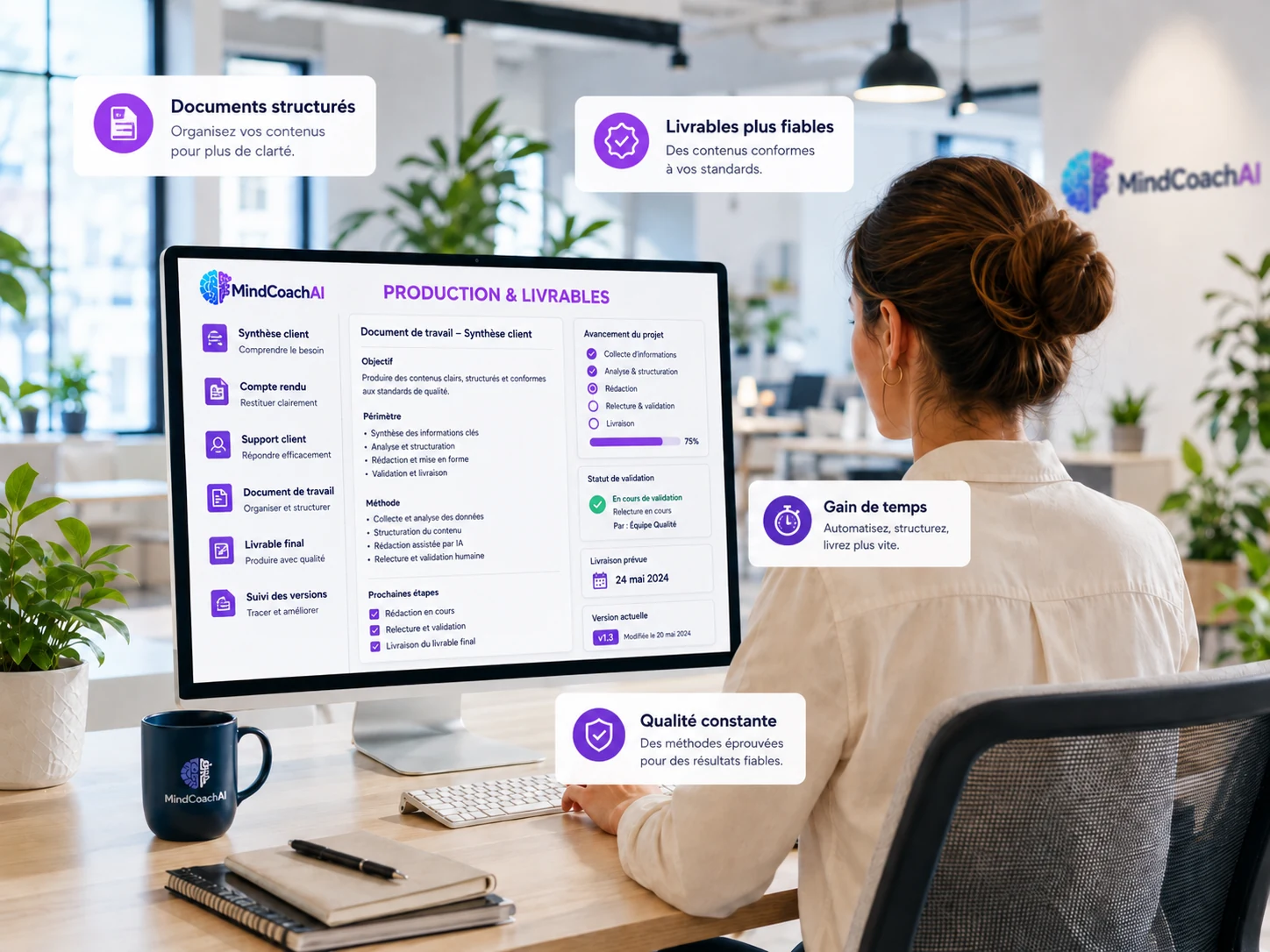 Illustration d'un assistant IA de production : synthèses, comptes rendus et documents structurés