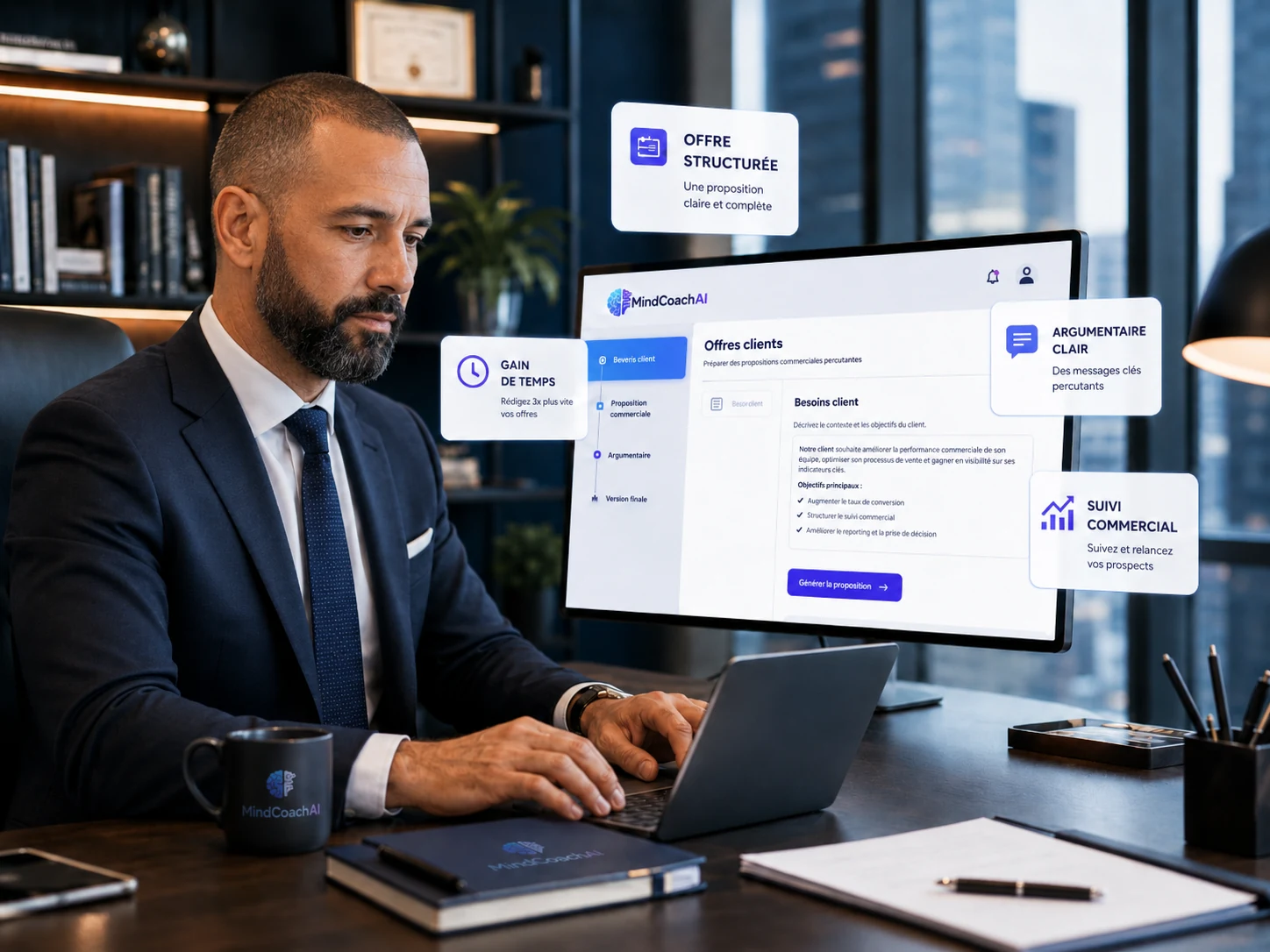 Illustration d'un assistant IA pour structurer offres clients et propositions commerciales